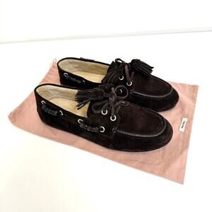 MIU MIU Brown Suede Tassel Deck Boat Beaded Moccasin Shoes 37 NEW Leather Loafer